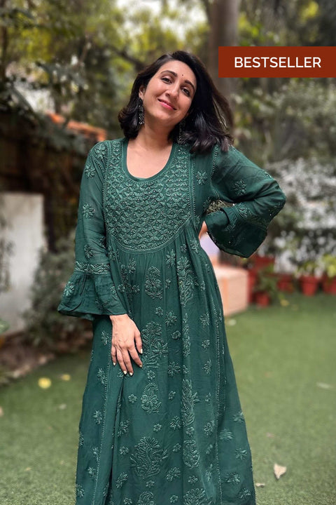 Aaliya Georgette Chikankari Palazzo Set With Mukaish- Green (Set of 2)