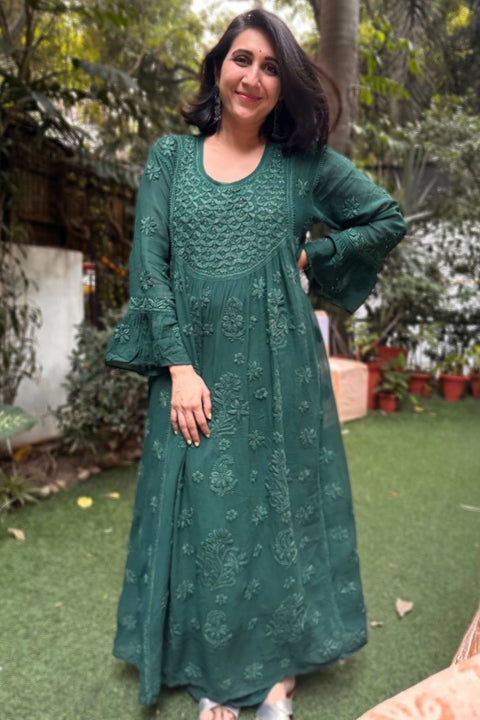 Aaliya Georgette Chikankari Palazzo Set With Mukaish- Green (Set of 2)