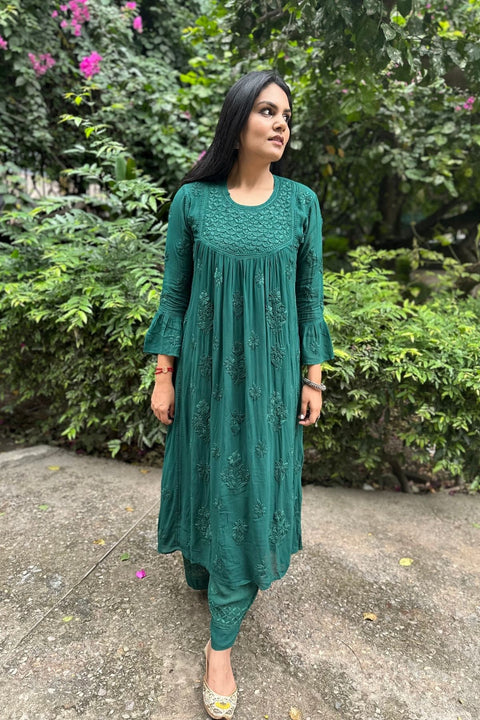 Aaliya Georgette Chikankari Palazzo Set With Mukaish- Green (Set of 2)