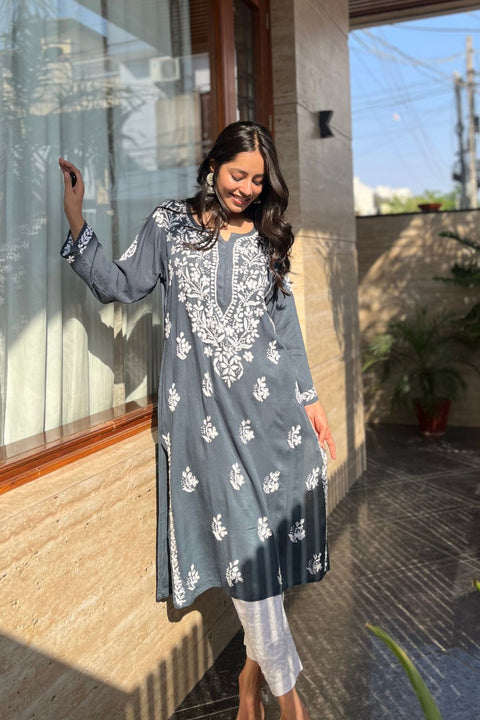 Aasma Cotton Rayon Chikankari Kurta- Grey