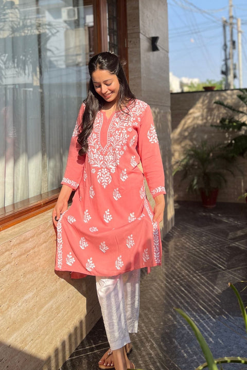 Aasma Cotton Rayon Chikankari Kurta- Peach