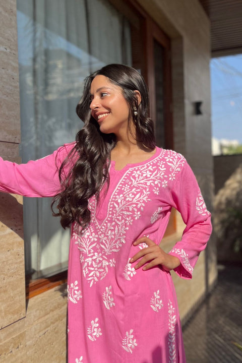 Aasma Cotton Rayon Chikankari Kurta- Pink