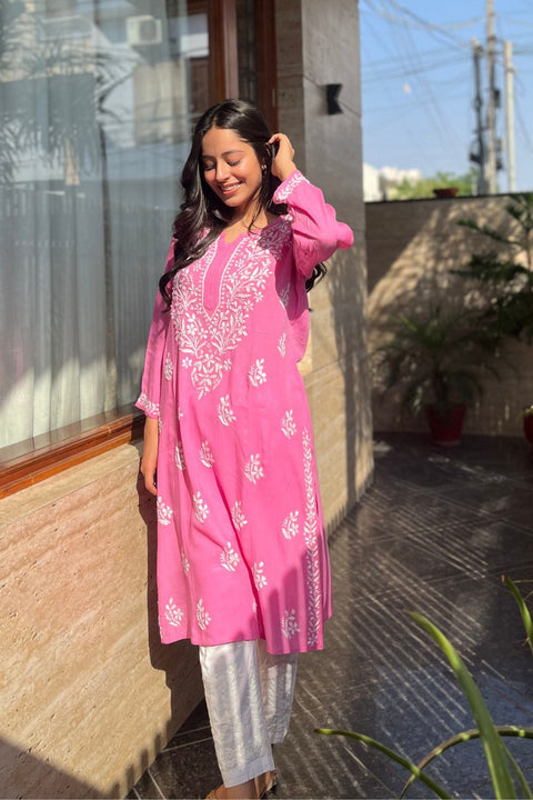 Aasma Cotton Rayon Chikankari Kurta- Pink