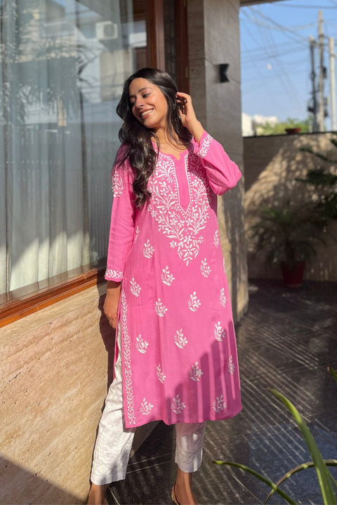 Aasma Cotton Rayon Chikankari Kurta- Pink