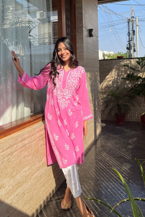 Aasma Cotton Rayon Chikankari Kurta- Pink
