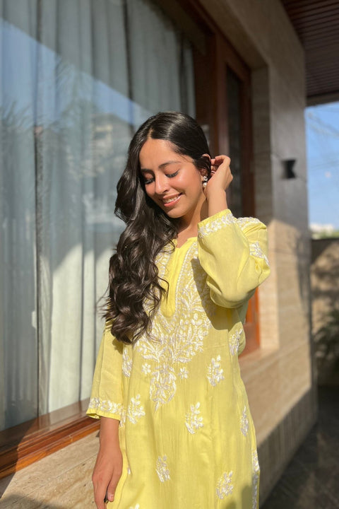Aasma Cotton Rayon Chikankari Kurta- Yellow