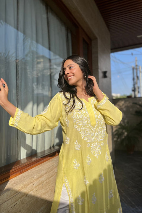 Aasma Cotton Rayon Chikankari Kurta- Yellow