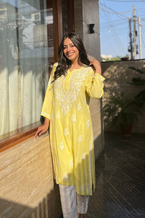 Aasma Cotton Rayon Chikankari Kurta- Yellow