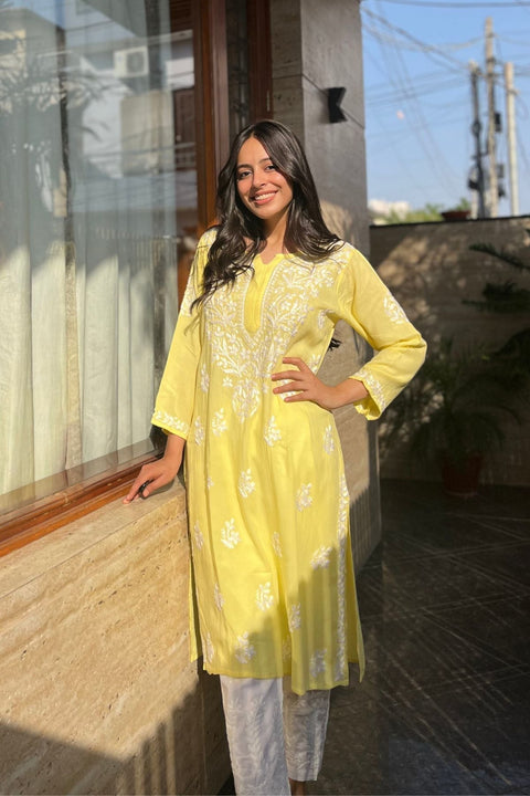 Aasma Cotton Rayon Chikankari Kurta- Yellow