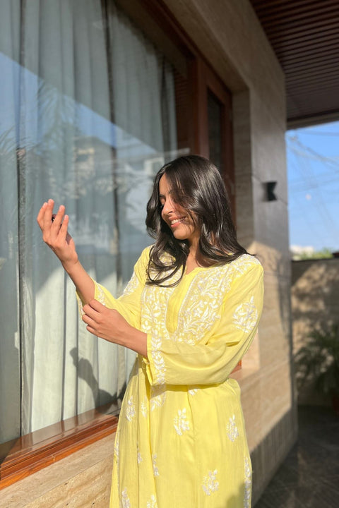 Aasma Cotton Rayon Chikankari Kurta- Yellow