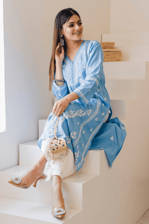 Aleena Mul Cotton Chikankari Kurta- Blue