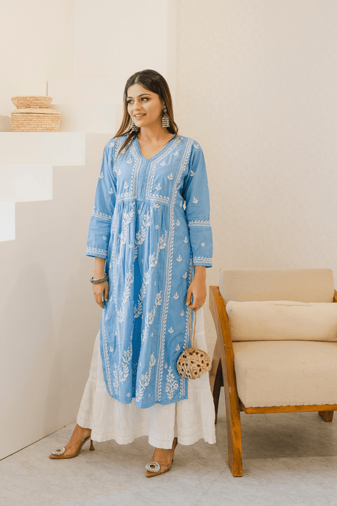 Aleena Mul Cotton Chikankari Kurta- Blue