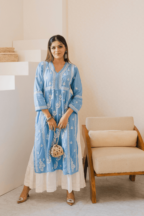 Aleena Mul Cotton Chikankari Kurta- Blue