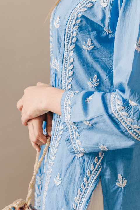 Aleena Mul Cotton Chikankari Kurta- Blue