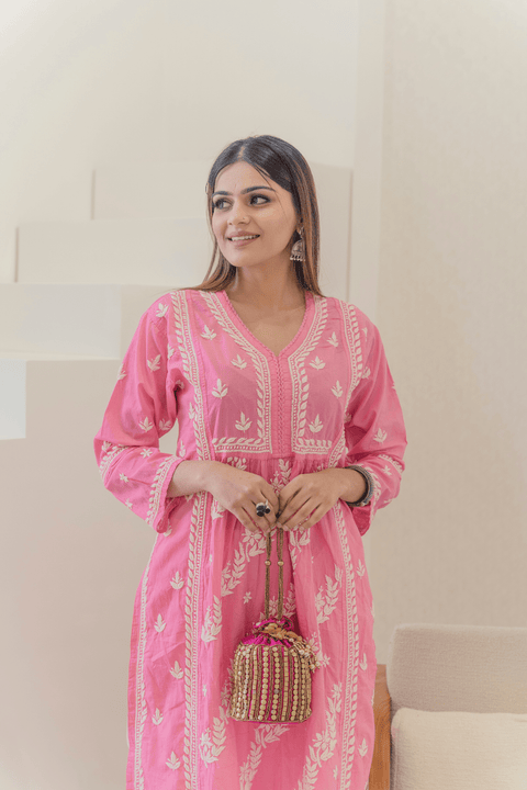 Aleena Mul Cotton Chikankari Kurta- Pink