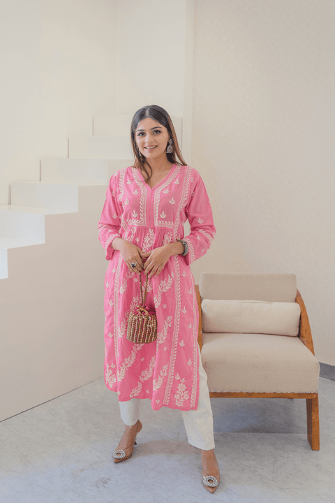 Aleena Mul Cotton Chikankari Kurta- Pink