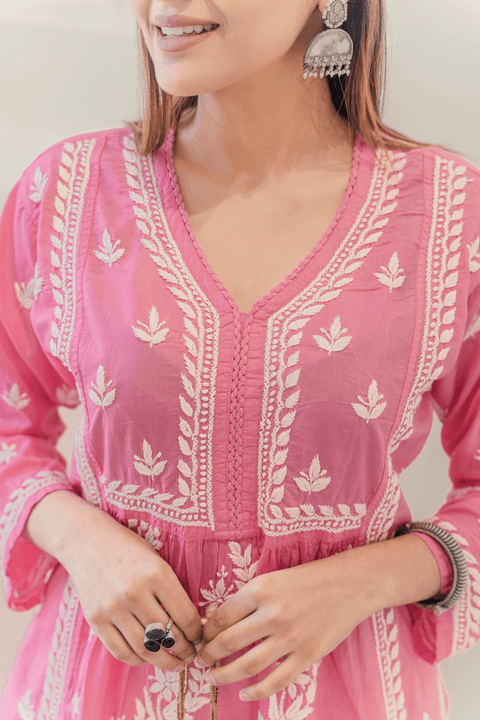 Aleena Mul Cotton Chikankari Kurta- Pink