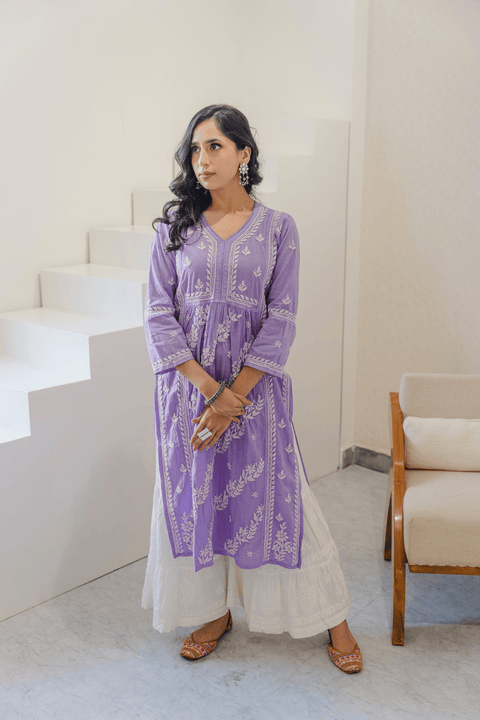 Aleena Mul Cotton Chikankari Kurta- Purple