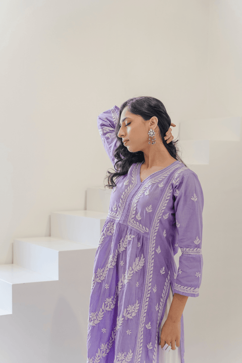 Aleena Mul Cotton Chikankari Kurta- Purple