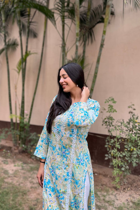 Alma Cotton Mul Printed Chikankari Kurta - Blue