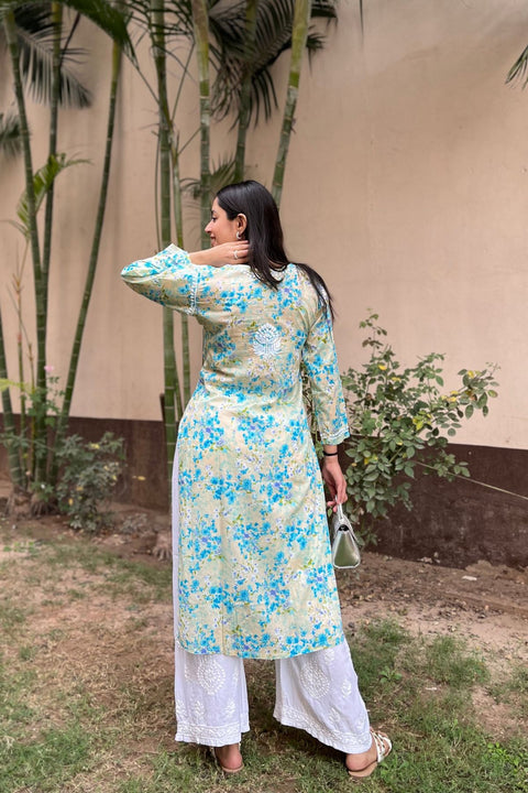 Alma Cotton Mul Printed Chikankari Kurta - Blue