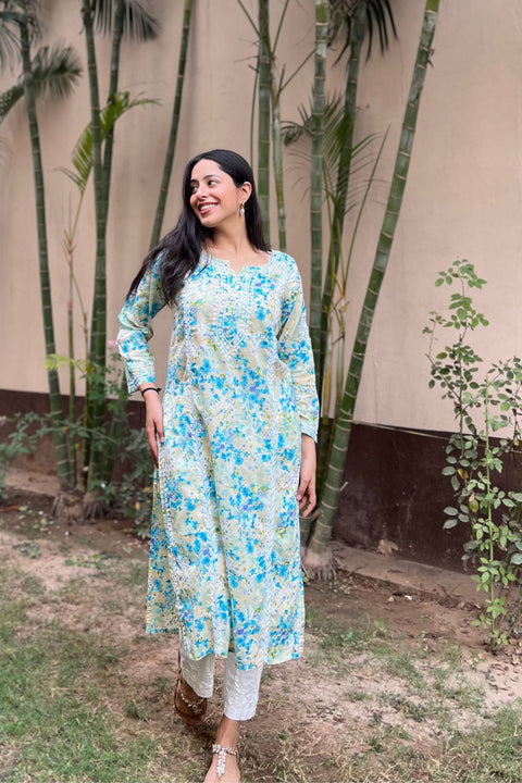 Alma Cotton Mul Printed Chikankari Kurta - Blue