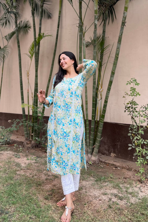 Alma Cotton Mul Printed Chikankari Kurta - Blue