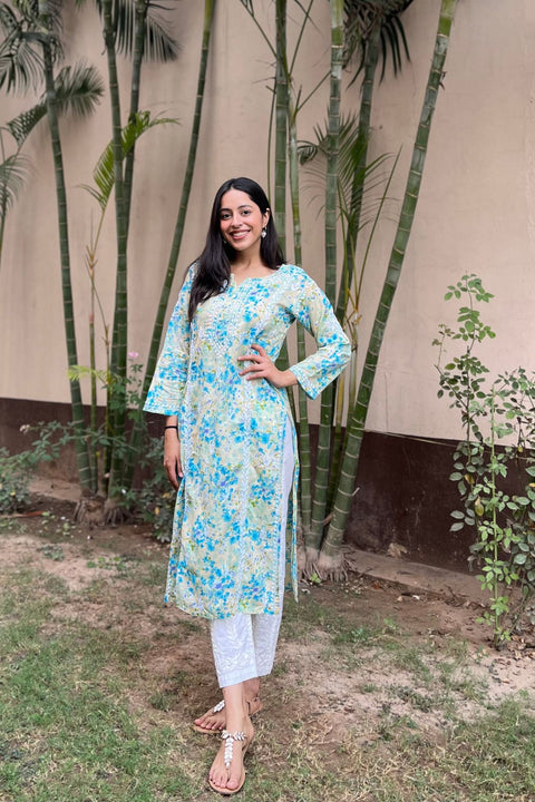 Alma Cotton Mul Printed Chikankari Kurta - Blue