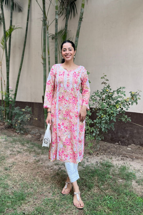 Alma Cotton Mul Printed Chikankari Kurta - Pink