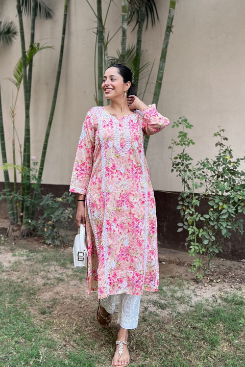 Alma Cotton Mul Printed Chikankari Kurta - Pink