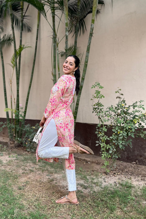 Alma Cotton Mul Printed Chikankari Kurta - Pink