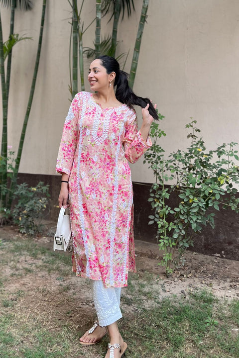 Alma Cotton Mul Printed Chikankari Kurta - Pink