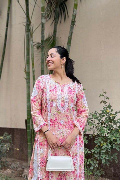 Alma Cotton Mul Printed Chikankari Kurta - Pink