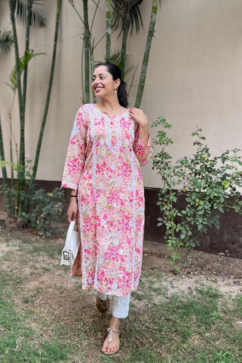 Alma Cotton Mul Printed Chikankari Kurta - Pink