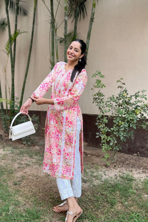 Alma Cotton Mul Printed Chikankari Kurta - Pink