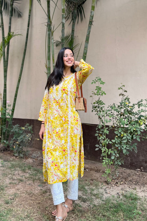 Alma Cotton Mul Printed Chikankari Kurta - Yellow