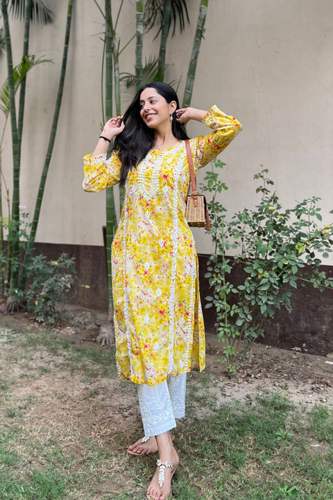 Alma Cotton Mul Printed Chikankari Kurta - Yellow