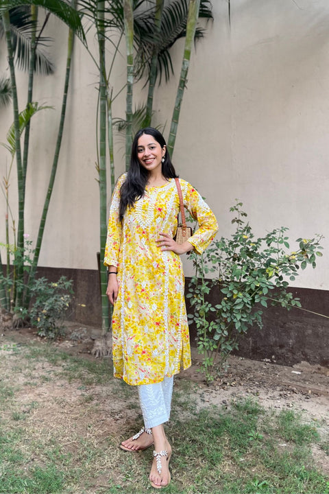 Alma Cotton Mul Printed Chikankari Kurta - Yellow