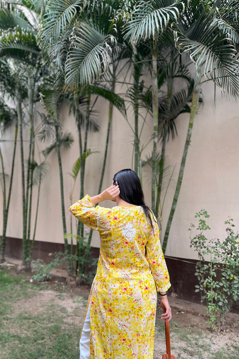 Alma Cotton Mul Printed Chikankari Kurta - Yellow