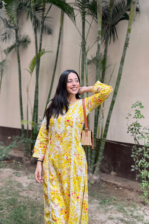 Alma Cotton Mul Printed Chikankari Kurta - Yellow