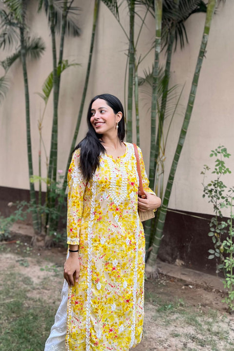 Alma Cotton Mul Printed Chikankari Kurta - Yellow