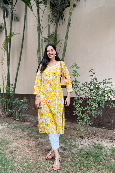 Alma Cotton Mul Printed Chikankari Kurta - Yellow
