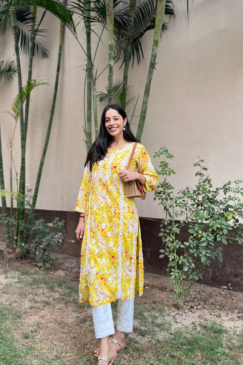 Alma Cotton Mul Printed Chikankari Kurta - Yellow