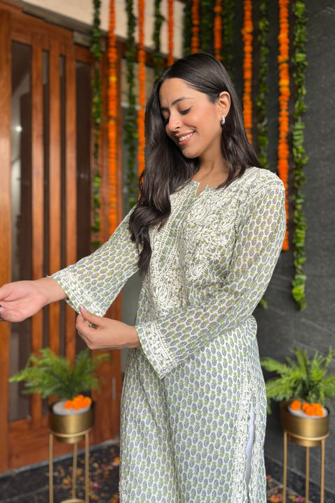 Arha Cotton Mul Printed Chikankari Kurta- Green