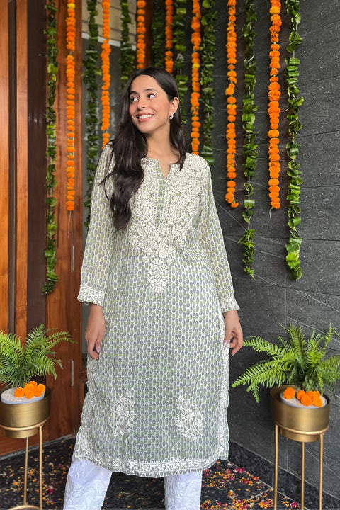 Arha Cotton Mul Printed Chikankari Kurta- Green