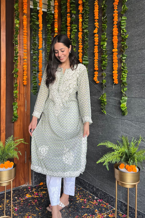 Arha Cotton Mul Printed Chikankari Kurta- Green