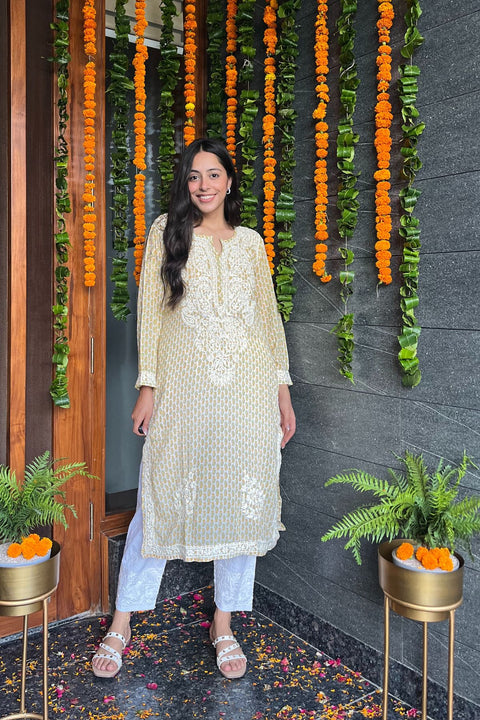 Arha Cotton Mul Printed Chikankari Kurta- Yellow