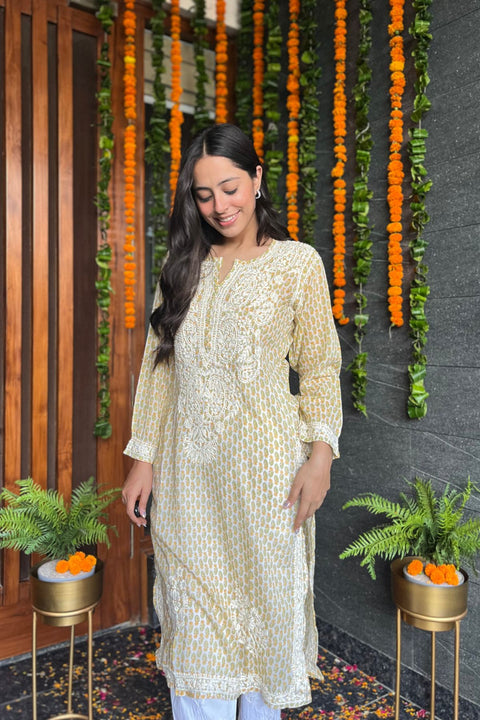 Arha Cotton Mul Printed Chikankari Kurta- Yellow