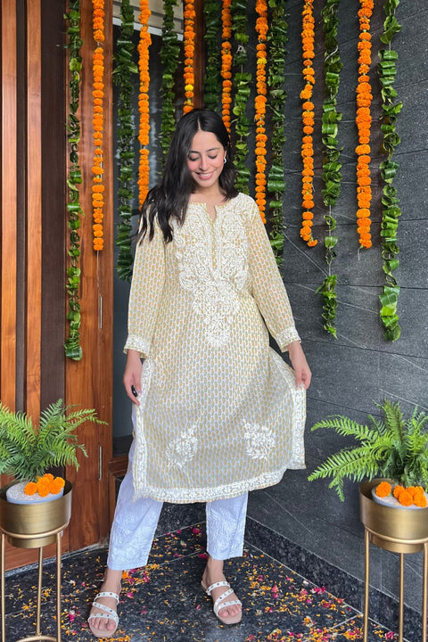 Arha Cotton Mul Printed Chikankari Kurta- Yellow