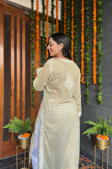 Arha Cotton Mul Printed Chikankari Kurta- Yellow